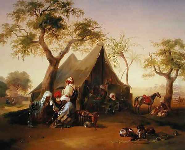 Sheiks drinking Coffee in Front of a Tent Oil Painting by Joseph Heicke