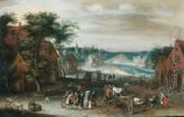 A Village By A River, With Peasants, Townsfolk And Wagons Oil Painting by Jan The Elder Brueghel