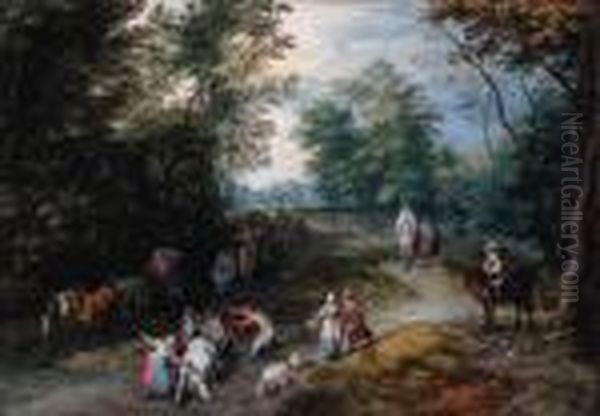 A Wooded Landscape With Travellers Oil Painting by Jan The Elder Brueghel