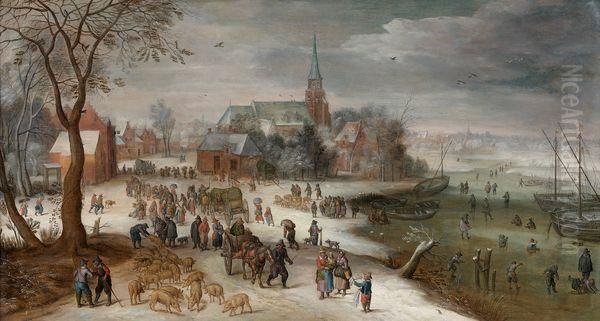 < Paysage De Neige : Vue Des Bords De L'escaut A Schelle >. Oil Painting by Jan Brueghel the Younger