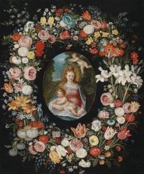 The Virgin And Child Surrounded By A Floral Garland Oil Painting by Jan Brueghel the Younger