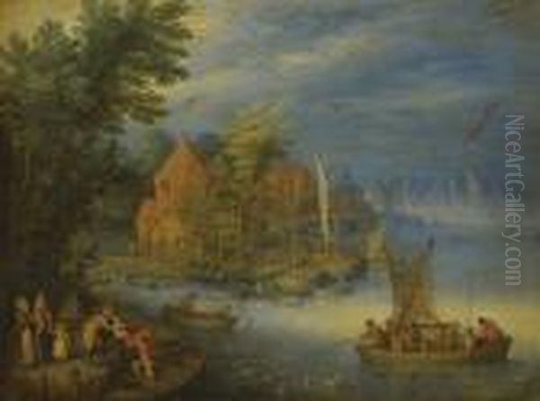 A Town On The Banks Of A Wide 
River With A Heavily Laden Ferryapproaching The Shore In The Forgeound Oil Painting by Jan Brueghel the Younger