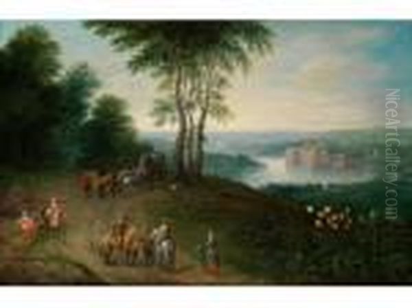 Landschaft Mit Reitern Und 
Pferdewagenauf Einer Anhohe Uber Einem Flusstal Mit Wasserschloss Oil Painting by Jan Brueghel the Younger