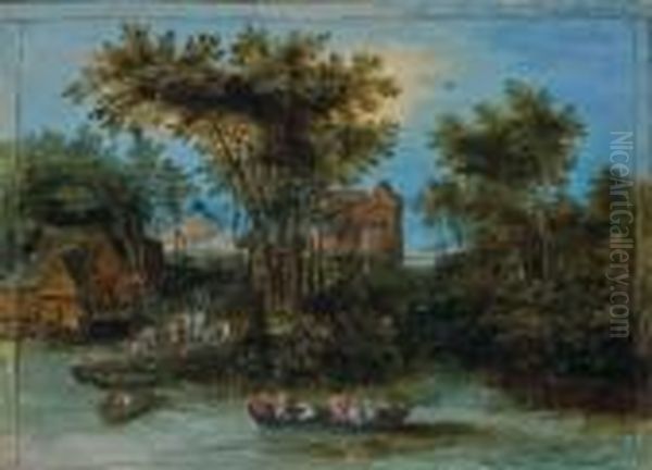 Personnages Embarquant Sur Une Riviere, Des Habitations A L'arriere-plan Oil Painting by Jan Brueghel the Younger