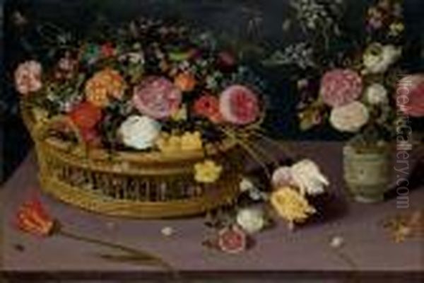 Fleurs Dans Une Corbeille En Osier Et Un Vase De Fleurs Sur Un Entablement En Pierre Oil Painting by Jan Brueghel the Younger