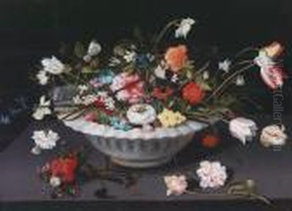 A Still Lifeof Flowers In An Earthenware Dish On A Table Oil Painting by Jan Brueghel the Younger