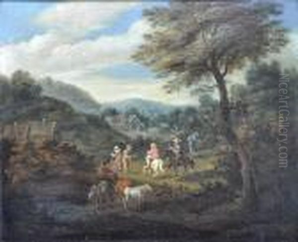 Bauern Undreiter Vor Einer Dorfkulisse. Oil Painting by Jan Brueghel the Younger