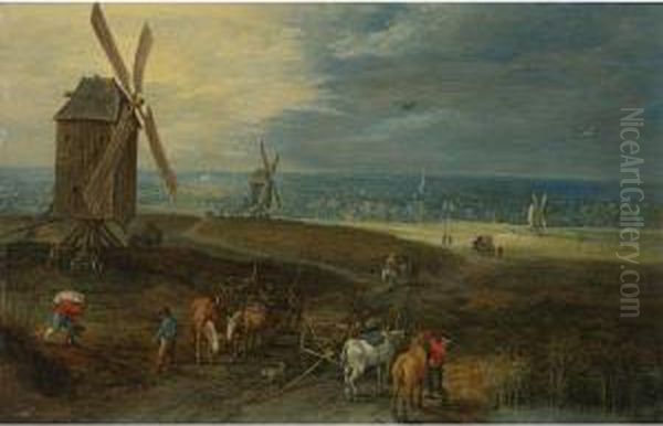 An Extensive Landscape With Travellers Before A Windmill Oil Painting by Jan Brueghel the Younger