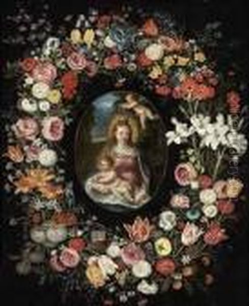 The Virgin And Child In A Feigned Cartouche, Surrounded By Agarland Of Flowers Oil Painting by Jan Brueghel the Younger