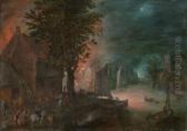 A Village Fire At Night With Numerous Figuresand Vessels On A River Oil Painting by Jan Brueghel the Younger