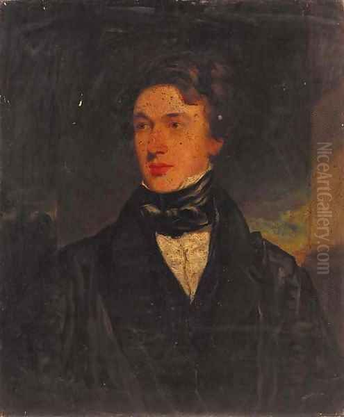 Portrait of a gentleman, half-length, in a black coat and bow tie, in a landscape Oil Painting by Samuel Howell