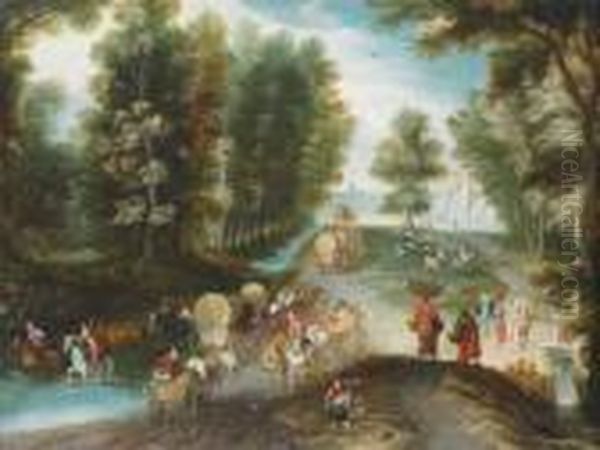 Reisende Mit Planwagen In Einer Waldlandschaft An Einer Furt Oil Painting by Jan Brueghel the Younger