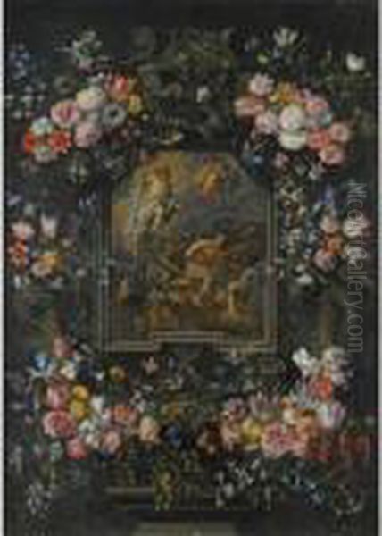 Garlands Of Flowers Surrounding A Stone Cartouche Inset Oil Painting by Jan Brueghel the Younger