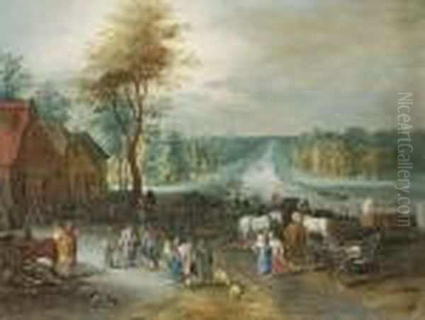 A Village Scene With Peasants Conversing By A Canal Oil Painting by Jan Brueghel the Younger