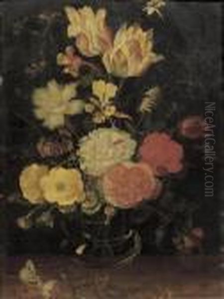 Tulips, Roses, Violets And Other Flowers In A Glass Vase On A Wooden Ledge Oil Painting by Jan Brueghel the Younger