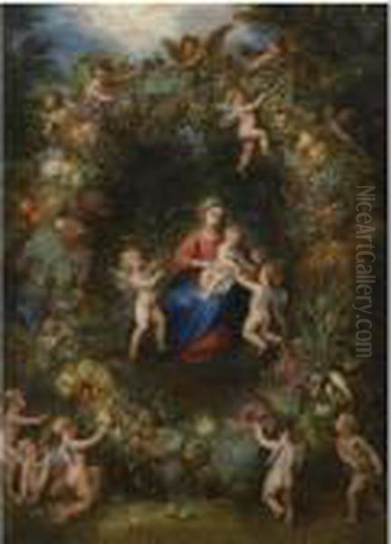 The Virgin And Child With Angels In A Garland Of Flowers Oil Painting by Jan Brueghel the Younger