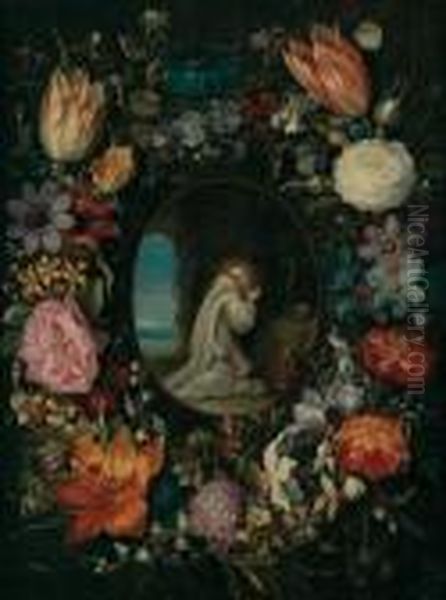 Frans Francken Iii Ghirlanda Di Fiori Che Cinge Il Medaglione Di Bernardo Da Clairvaux Oil Painting by Jan Brueghel the Younger