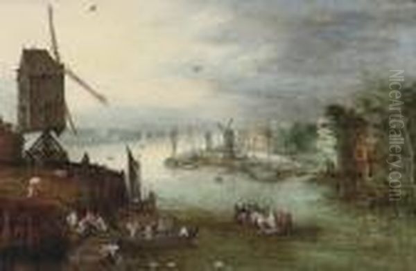 A River Landscape With A Ferry Crossing Near A Windmill, A Villagebeyond Oil Painting by Jan Brueghel the Younger