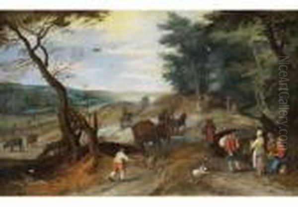 Waldige Landschaft Mit Bauern Und Schweinehirt Oil Painting by Jan Brueghel the Younger