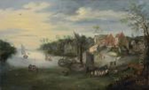 Landscape With Boats Coming Down The River Todock By A Village Oil Painting by Jan Brueghel the Younger