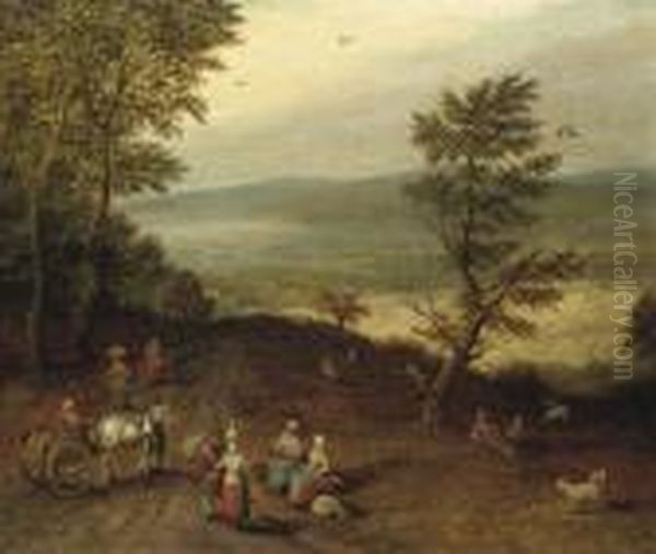 An Extensive Wooded Landscape With Peasants On A Track Oil Painting by Jan Brueghel the Younger