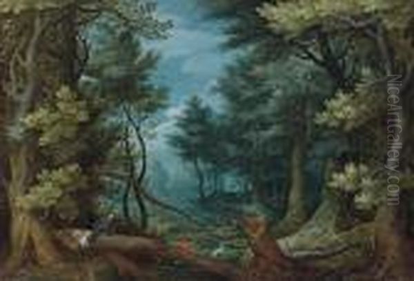 A Forest Landscape With Hunters Giving Chase To A Stag Oil Painting by Jan Brueghel the Younger