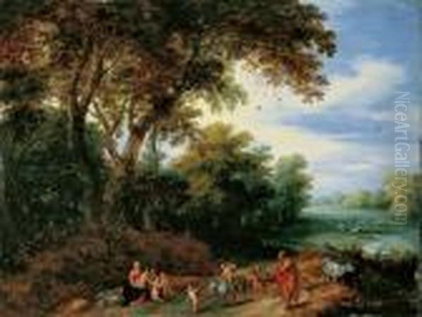 Baumlandschaft Mit Ruhe Auf Der Flucht. Oil Painting by Jan Brueghel the Younger