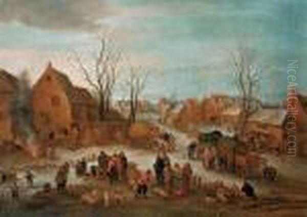 Winterliche Dorflandschaft Mit Einem Viehmarkt. Oil Painting by Jan Brueghel the Younger