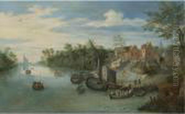 A River Landscape With Boats Moored By A Village Oil Painting by Jan Brueghel the Younger