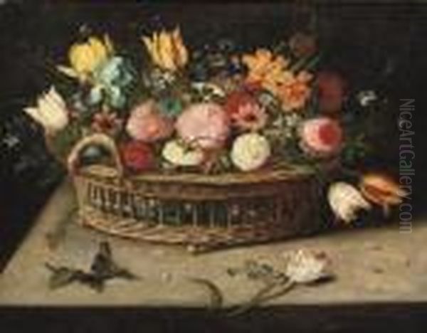 Roses, Peonies, Tulips, 
Narcissi, Carnations, Poppies And Other Flowers In A Basket, On A Stone 
Ledge Oil Painting by Jan Brueghel the Younger