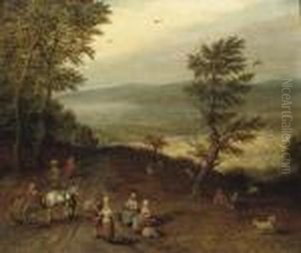 An Extensive Wooded Landscape 
With Peasants On A Track, A Resting Shepherd And His Flock Nearby Oil Painting by Jan Brueghel the Younger