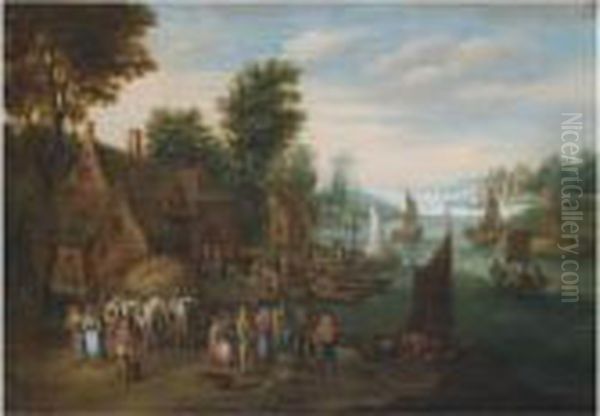 A River Landscape With Fisherman Unloading Their Catch Near A Village Oil Painting by Jan Brueghel the Younger