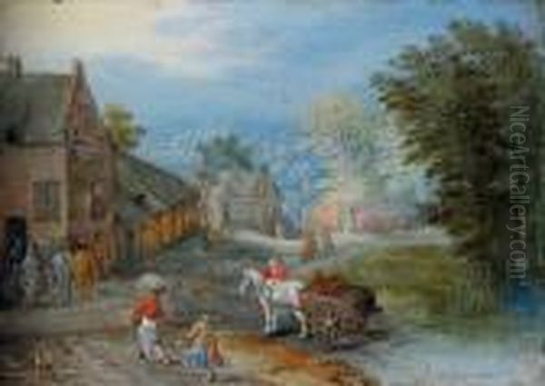 A Village Street With Figures 
Leading A Horse And Cart, An Extensive Wooded Landscape Beyond Oil Painting by Jan Brueghel the Younger