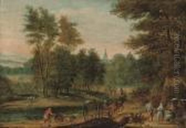 A Wooded River Landscape With Travellers On A Track, A Church Beyond Oil Painting by Jan Brueghel the Younger