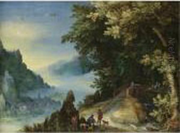 A Mountainous River Landscape With Travellers On A Hill Overlooking A Distant Town Oil Painting by Jan Brueghel the Younger