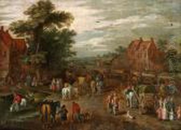 By Med Rikt Staffage Av Figurer, Hastar Och Vagnar Oil Painting by Jan Brueghel the Younger