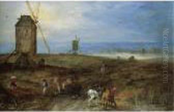 An Open Landscape With Travellers Before A Windmill Oil Painting by Jan Brueghel the Younger