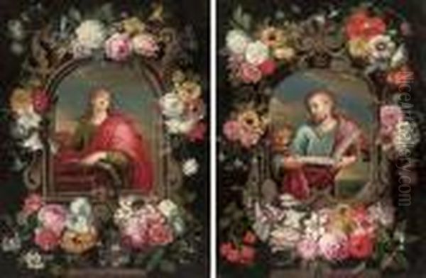 Saint John The Evangelist Within
 A Cartouche Decorated With A Tulip, Roses, Carnations, Forget-me-nots 
And Other Flowers; And Saint Mark Within A Cartouche Decorated With A 
Tulip, Roses, Carnations And Other Flowers Oil Painting by Jan Brueghel the Younger