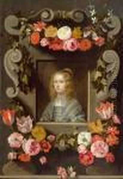 Portrait Of A Girl Within A Stone Cartouche With Floral Garland. Oil Painting by Jan Brueghel the Younger