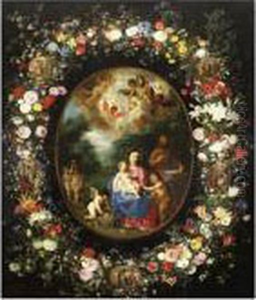 The Holy Family With The Infant 
Saint John The Baptist And Angels In A Landscape, Within A Garland Of 
Flowers Containing Medallions With Scenes From The Life Of The Virgin Oil Painting by Jan Brueghel the Younger