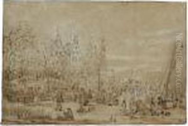 Winter Landscape With Figures On The Ice, A Castle Amongst Trees Behind Oil Painting by Jan Brueghel the Younger