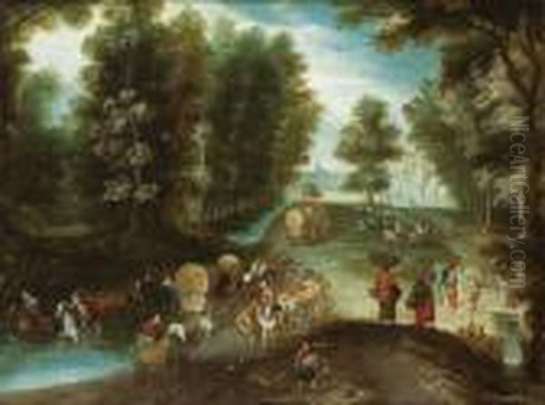 Viaggiatori Con Carro Coperto In Un Paesaggio Boschivo Presso Un Guado Oil Painting by Jan Brueghel the Younger