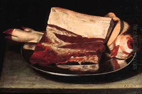 A leg of pork and a slice of meat on a pewter plate on a table Oil Painting by Johann Michael Hambach