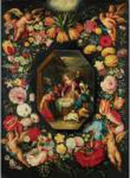 The Adoration Of The Shepherds, Surrounded By A Garland Of Flowers Held Aloft By Putti Oil Painting by Jan Brueghel the Younger