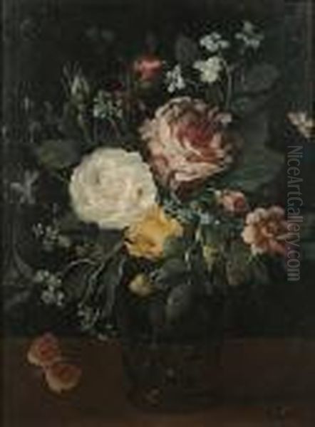 Roses, A Peony With Forget-me-nots And Other Flowers In A Glass Vase Oil Painting by Jan Brueghel the Younger