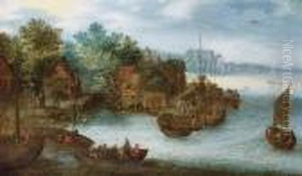 A Riverside Village With Figures In Barges, A View To A Church Beyond Oil Painting by Jan Brueghel the Younger