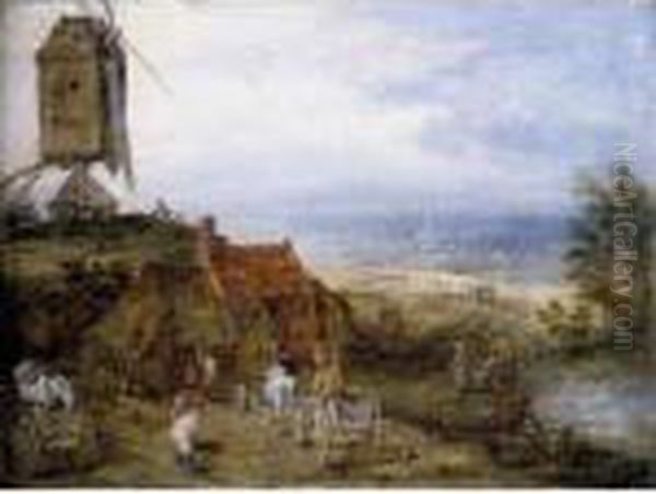 An Open Landscape With Figures, 
Horses And Carts Before A Cottage Overlooking A Pond, A Windmill On 
Higher Ground To The Left And A Church In The Distance Oil Painting by Jan Brueghel the Younger