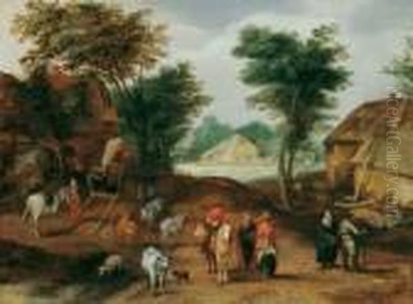 D.j. , Umkreis Dorfstrasse Mit 
Figuren- Und Viehstaffage. Verso Alt Bezeichnet: Beschey. Ol Auf Holz. H
 25; B 33,5 Cm Oil Painting by Jan Brueghel the Younger