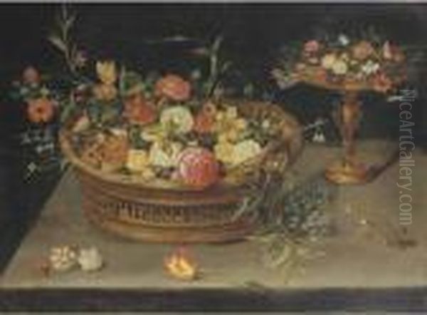 Roses, Peonies, Tulips, Narcissi, Carnations, Poppies And Other Flowers In A Basket Oil Painting by Jan Brueghel the Younger