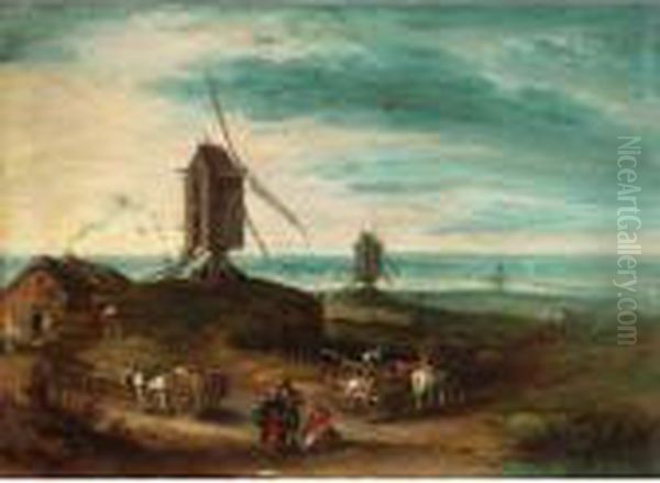 A Landscape With Windmills And Travellers Oil Painting by Jan Brueghel the Younger